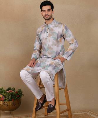 Off white linen fabric printed ethnic looks kurta payjama for men 3