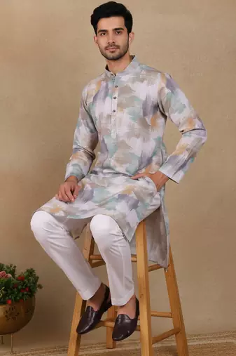 Off white linen fabric printed ethnic looks kurta payjama for men