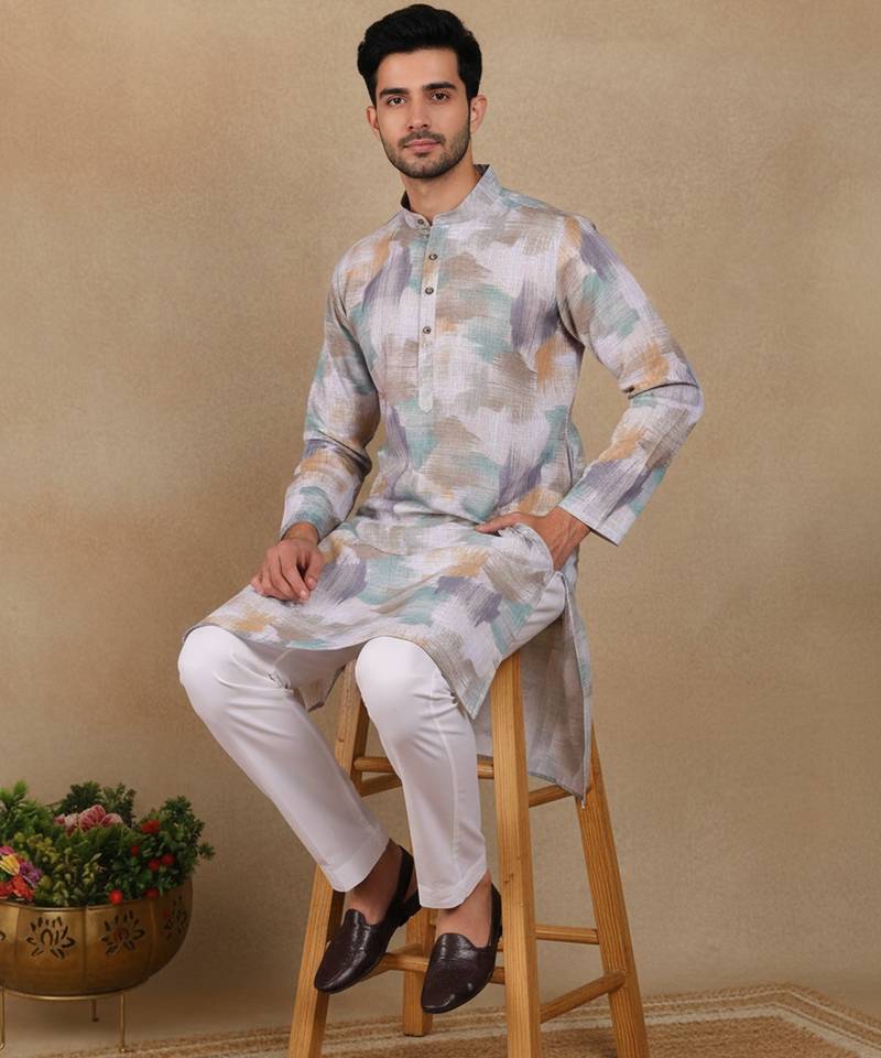 Off white linen fabric printed ethnic looks kurta payjama for men