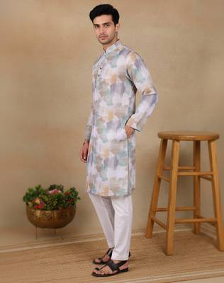 Off white linen fabric printed ethnic looks kurta payjama for men 4