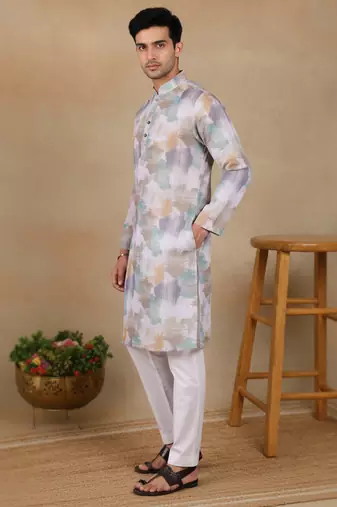 Off white linen fabric printed ethnic looks kurta payjama for men