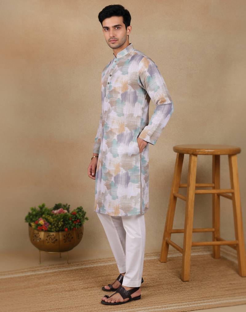 Off white linen fabric printed ethnic looks kurta payjama for men
