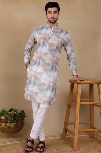 Off white linen fabric printed ethnic looks kurta payjama for men