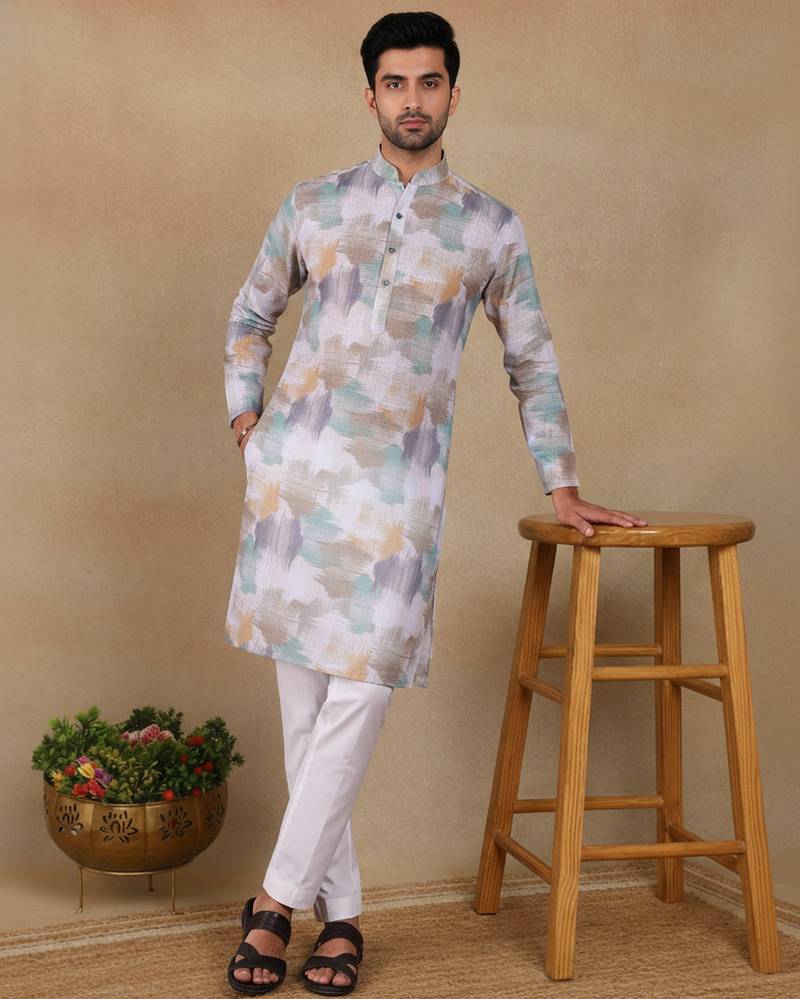 Off white linen fabric printed ethnic looks kurta payjama for men