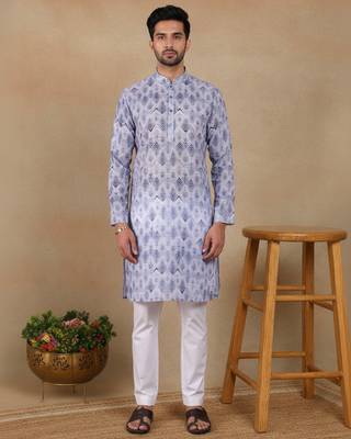 Denim blue linen fabric printed ethnic looks kurta payjama for men 1