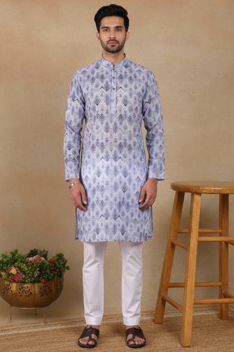 Denim blue linen fabric printed ethnic looks kurta payjama for men