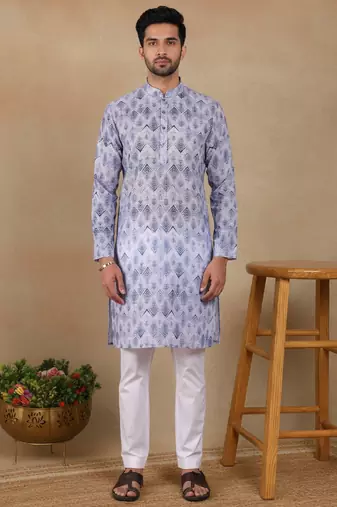 Denim blue linen fabric printed ethnic looks kurta payjama for men