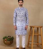 Denim blue linen fabric printed ethnic looks kurta payjama for men