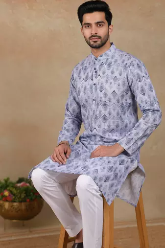 Denim blue linen fabric printed ethnic looks kurta payjama for men