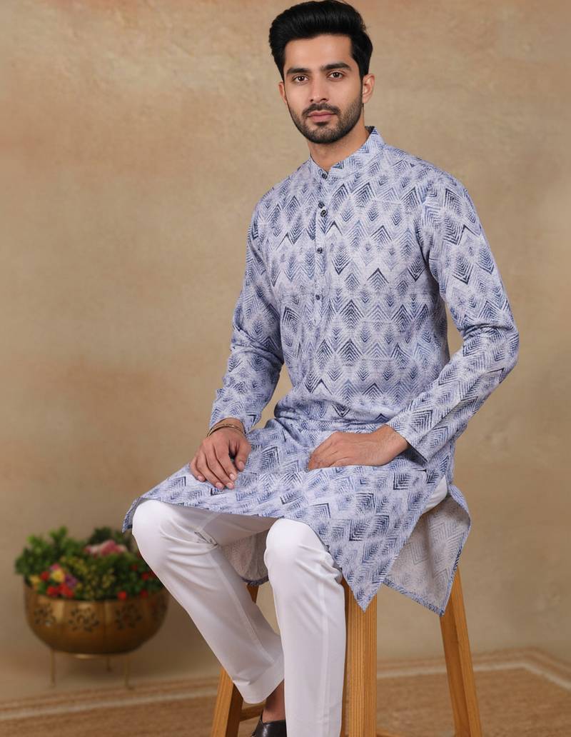 Denim blue linen fabric printed ethnic looks kurta payjama for men