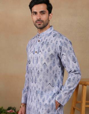 Denim blue linen fabric printed ethnic looks kurta payjama for men 3