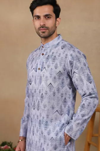 Denim blue linen fabric printed ethnic looks kurta payjama for men