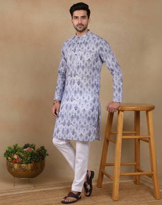 Denim blue linen fabric printed ethnic looks kurta payjama for men 4