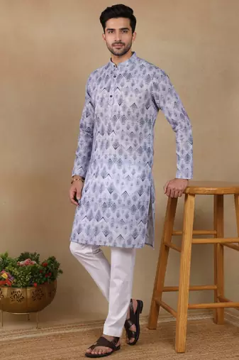 Denim blue linen fabric printed ethnic looks kurta payjama for men