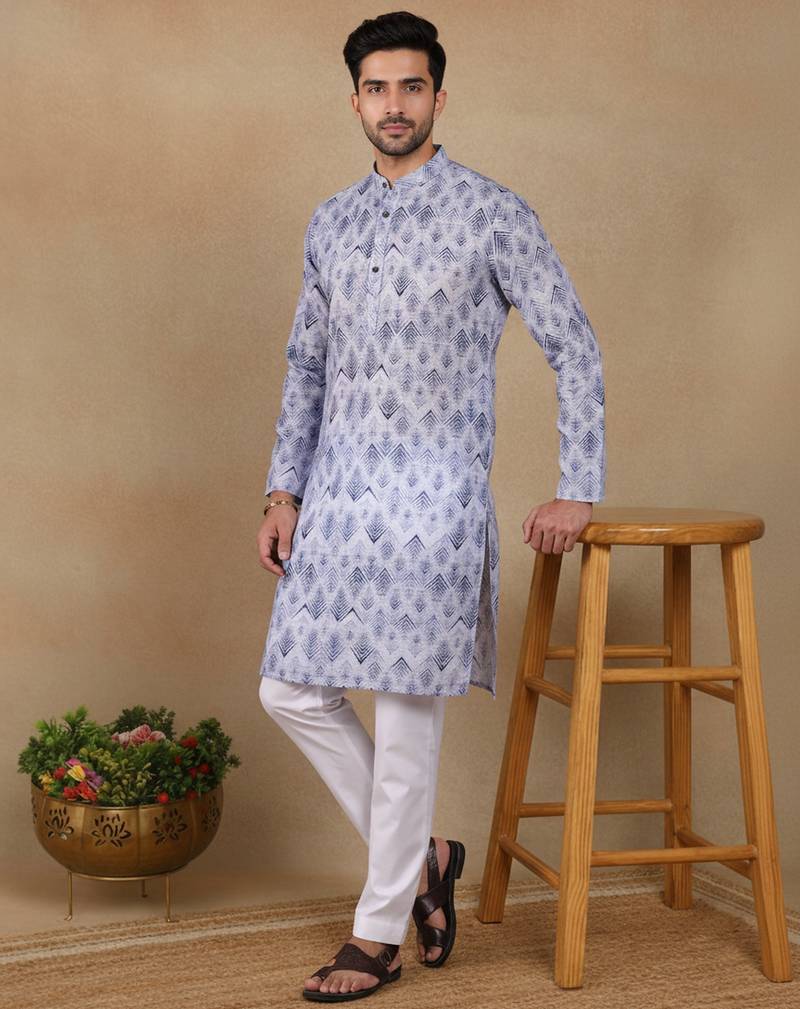 Denim blue linen fabric printed ethnic looks kurta payjama for men