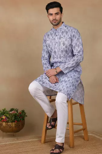 Denim blue linen fabric printed ethnic looks kurta payjama for men