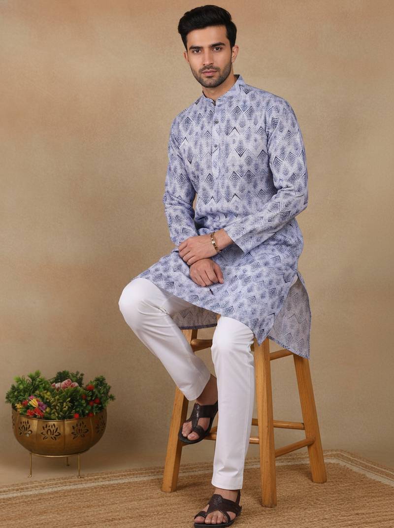 Denim blue linen fabric printed ethnic looks kurta payjama for men
