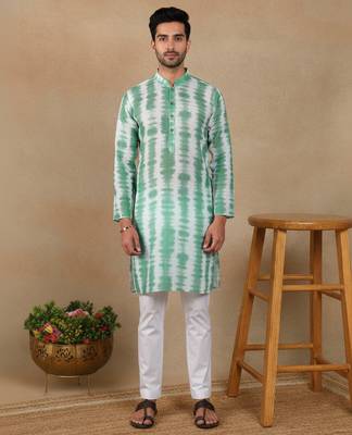 Green linen fabric printed ethnic looks kurta payjama for men 1