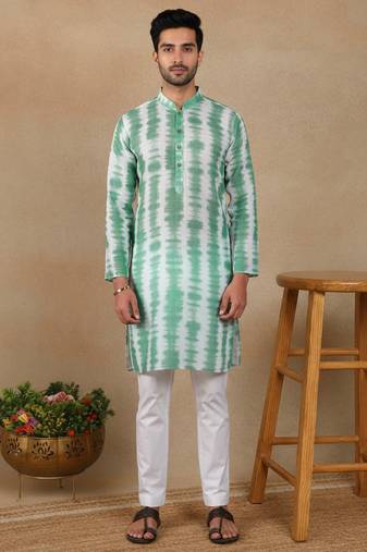 Green linen fabric printed ethnic looks kurta payjama for men