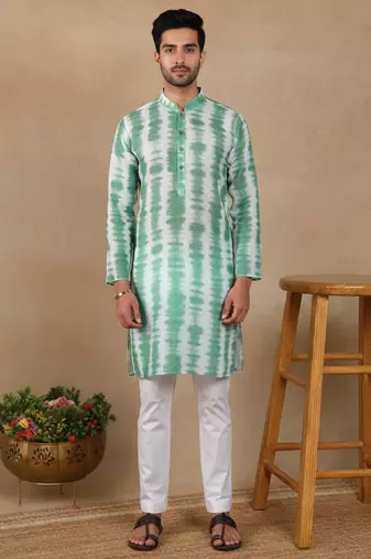 Green linen fabric printed ethnic looks kurta payjama for men
