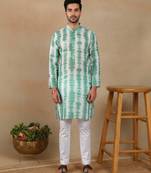 Green linen fabric printed ethnic looks kurta payjama for men