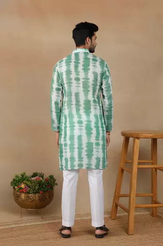 Green linen fabric printed ethnic looks kurta payjama for men