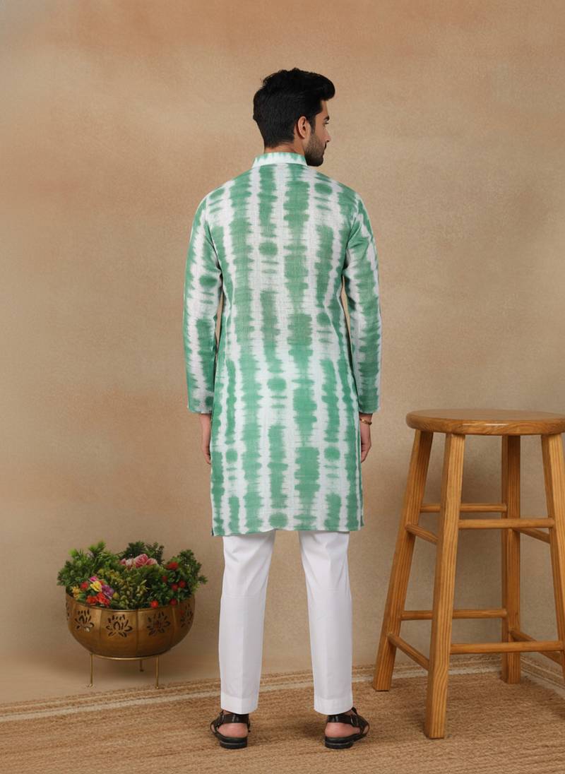 Green linen fabric printed ethnic looks kurta payjama for men