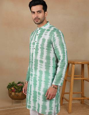 Green linen fabric printed ethnic looks kurta payjama for men 3