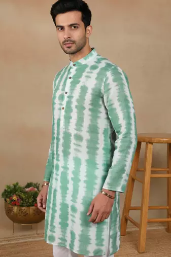 Green linen fabric printed ethnic looks kurta payjama for men