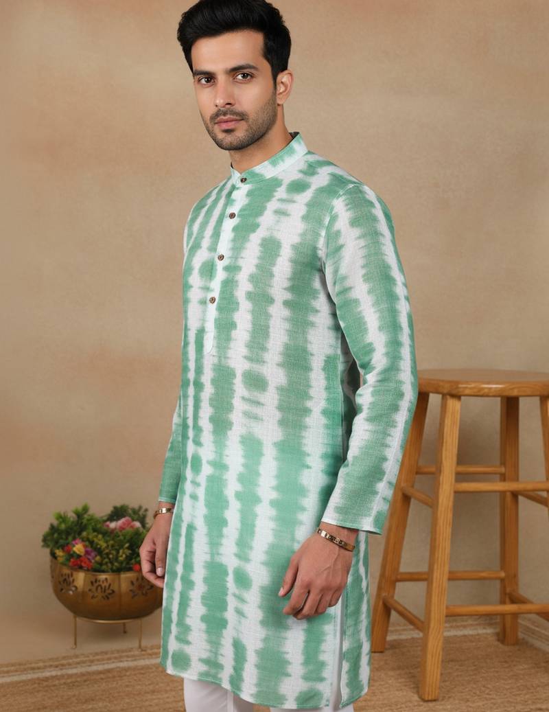 Green linen fabric printed ethnic looks kurta payjama for men
