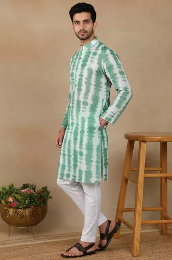 Green linen fabric printed ethnic looks kurta payjama for men
