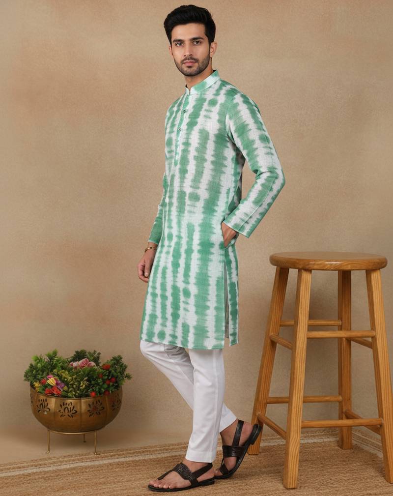Green linen fabric printed ethnic looks kurta payjama for men