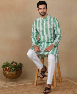 Green linen fabric printed ethnic looks kurta payjama for men 5