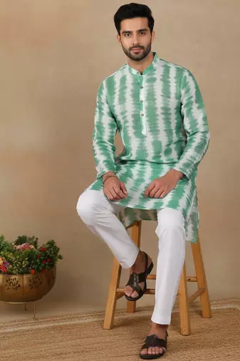 Green linen fabric printed ethnic looks kurta payjama for men