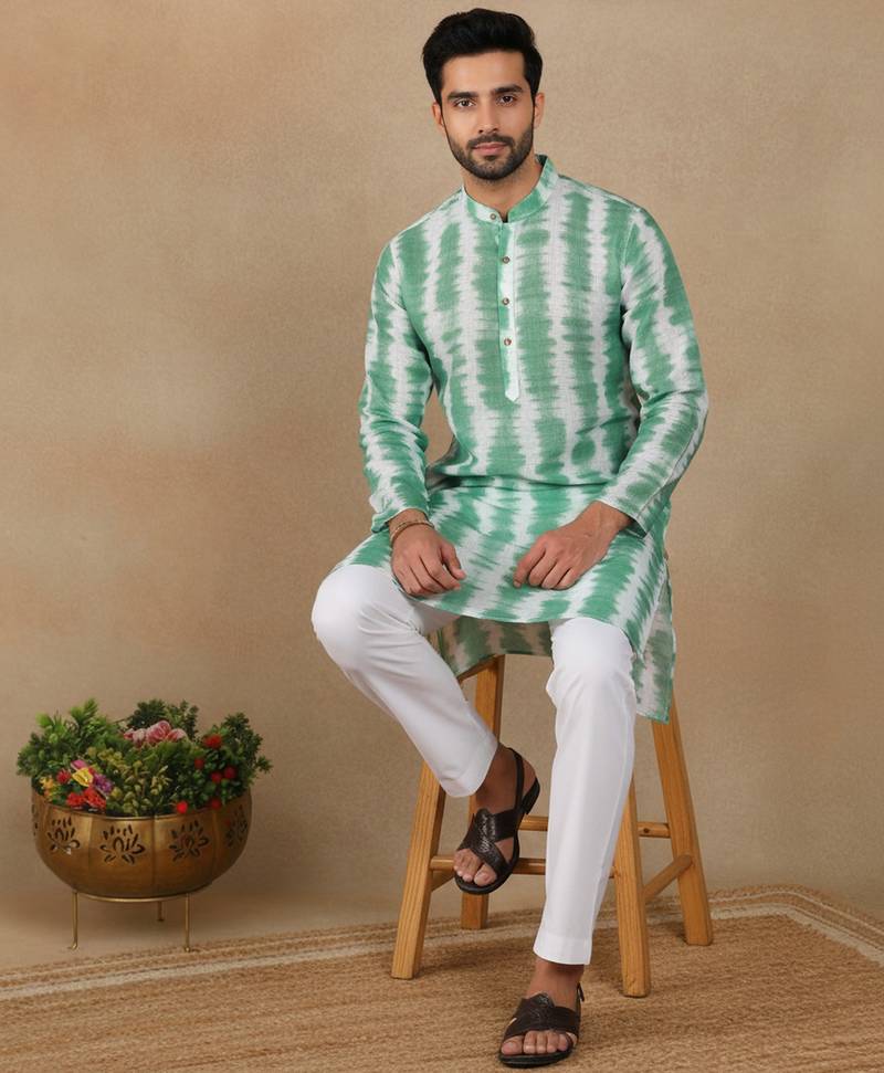 Green linen fabric printed ethnic looks kurta payjama for men