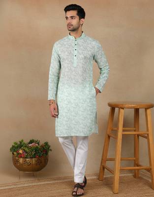 Light green linen fabric printed ethnic looks kurta payjama for men 1