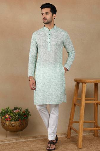 Light green linen fabric printed ethnic looks kurta payjama for men