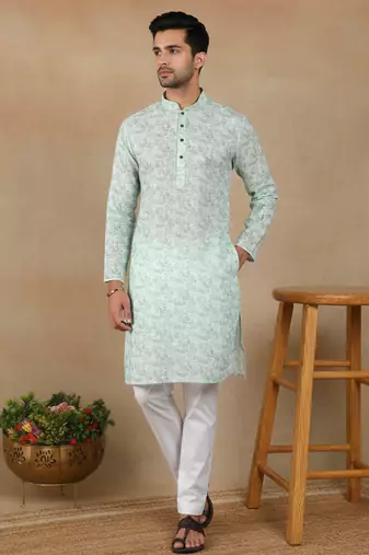 Light green linen fabric printed ethnic looks kurta payjama for men