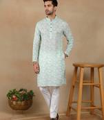 Light green linen fabric printed ethnic looks kurta payjama for men