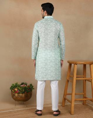 Light green linen fabric printed ethnic looks kurta payjama for men 2