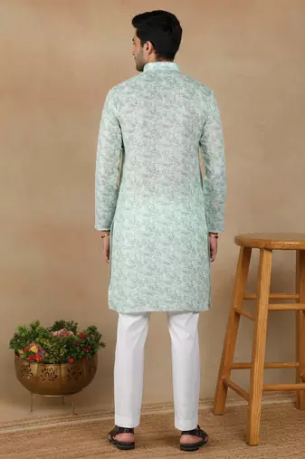 Light green linen fabric printed ethnic looks kurta payjama for men