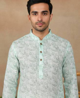 Light green linen fabric printed ethnic looks kurta payjama for men 3