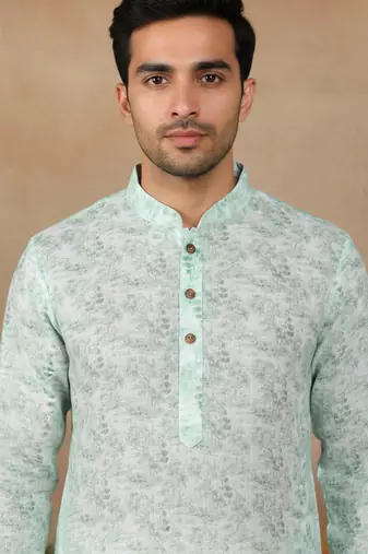Light green linen fabric printed ethnic looks kurta payjama for men