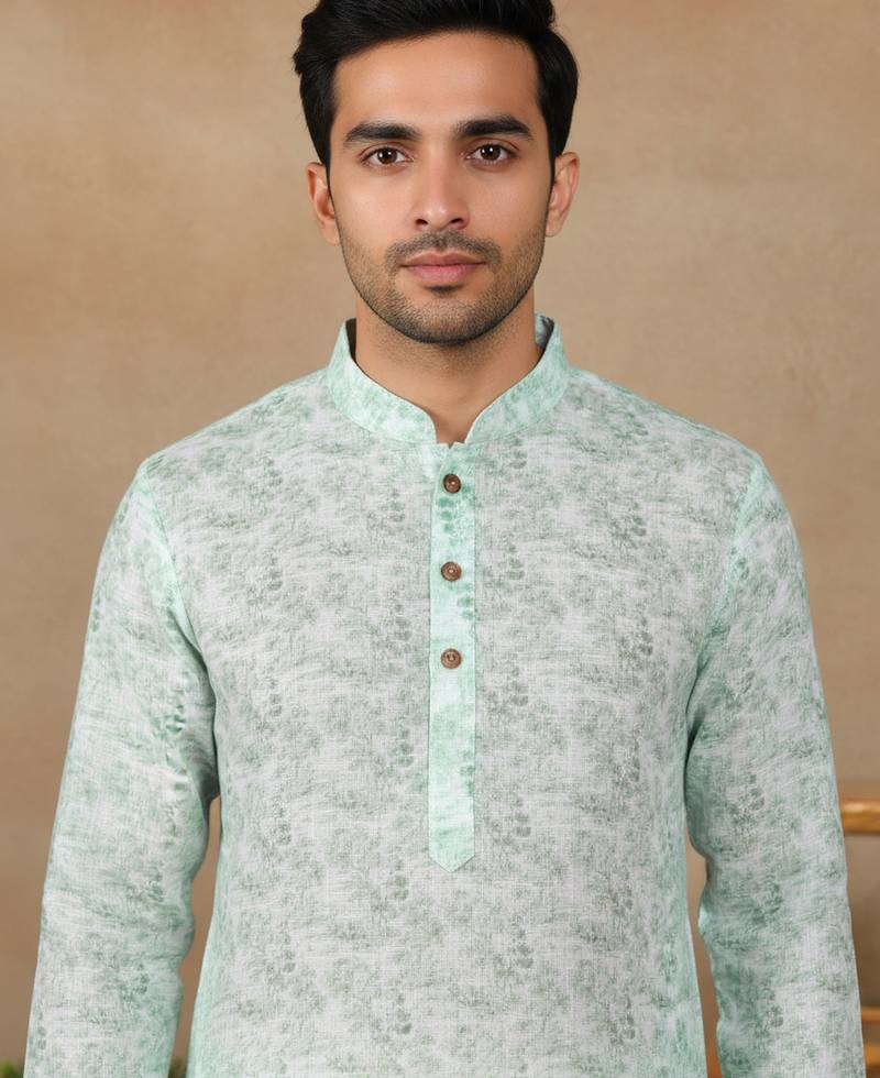 Light green linen fabric printed ethnic looks kurta payjama for men