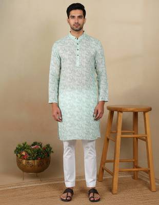 Light green linen fabric printed ethnic looks kurta payjama for men 4
