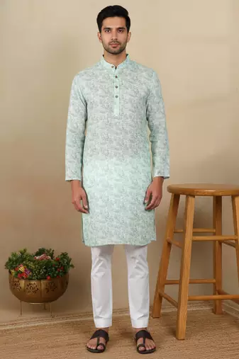 Light green linen fabric printed ethnic looks kurta payjama for men