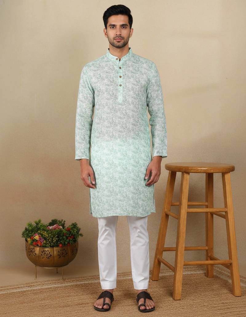 Light green linen fabric printed ethnic looks kurta payjama for men
