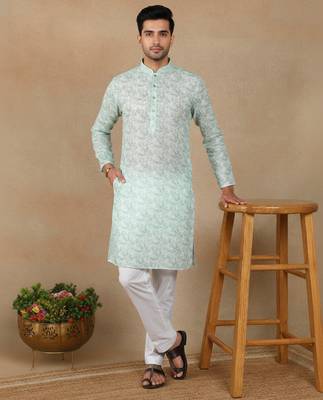 Light green linen fabric printed ethnic looks kurta payjama for men 5
