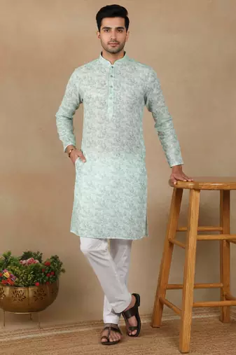 Light green linen fabric printed ethnic looks kurta payjama for men
