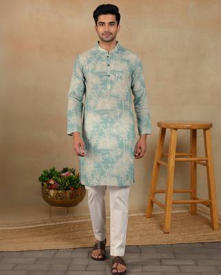 Aqua green linen fabric kurta payjama 1